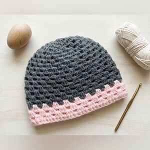 Handmade Crochet Granny Stitch Beanie - Gray & Pink